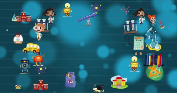 在蓝色背景的气球和亮点上制作学校物品的动画 教育及学习概念数码录影 — 图库视频影像