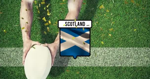 Animacja Konfetti Flagi Szkocji Nad Białym Męskim Rugby Graczem Piłką — Wideo stockowe