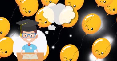 Siyah arka planda balonların üzerinde konuşma balonu olan okul çocuğu ikonu canlandırması. eğitim ve öğrenme kavramı dijital olarak oluşturulmuş video.