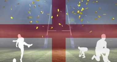 Stadyumda top oynayan rugby oyuncularının siluetleri üzerinde İngiltere bayrağı ve konfeti animasyonu. spor ve sosyal medya konsepti dijital olarak oluşturulmuş video.