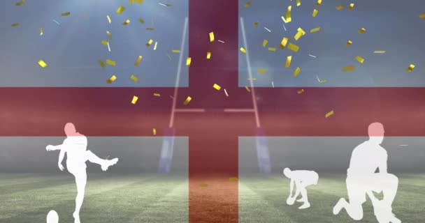 Animation Der Flagge Englands Und Konfetti Über Silhouetten Von Rugbyspielern — Stockvideo