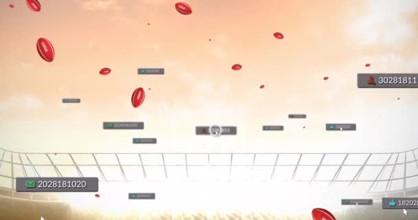 Анимация Икон Сми Над Мячами Регби Падающими Текстом Тонга Стадионе — стоковое видео