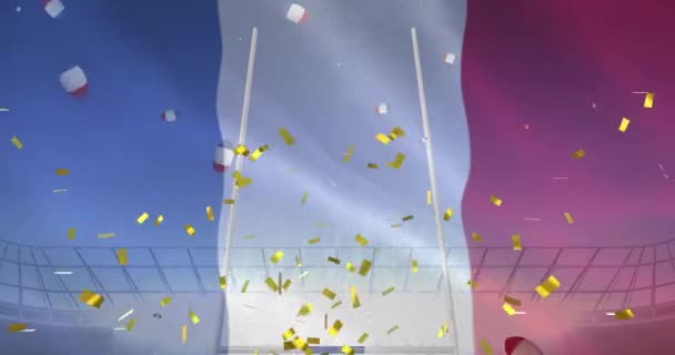 Animation Flag France Confetti Rugby Balls Falling Stadium Sport Social — Video