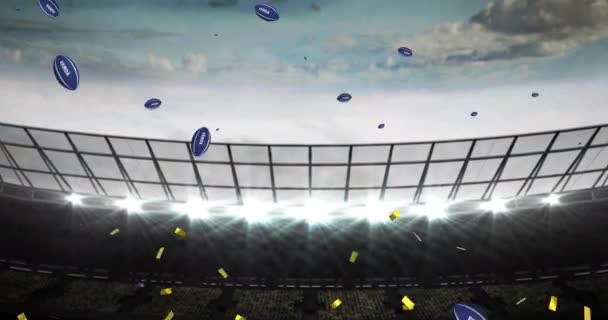 Animacja Konfetti Nad Kulkami Rugby Spadające Tekstem Samoa Stadionie Koncepcja — Wideo stockowe