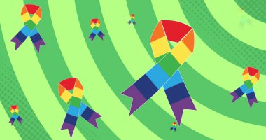 Arka planda yeşil çizgilerin üzerinde gökkuşağı kurdeleleri. lgbtq, insan hakları ve eşitlik kavramı dijital olarak oluşturulmuş görüntü.
