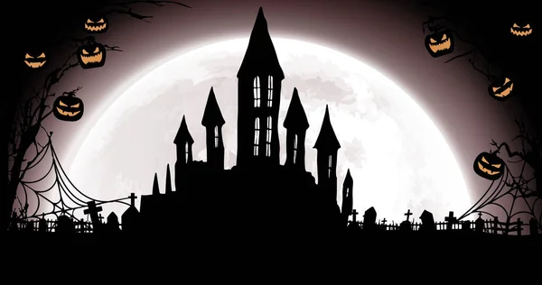 Immagine Jack Lanterne Appese Rami Case Halloween Sfondo Blu Orrore — Foto Stock