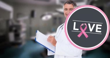 Kafkasyalı erkek doktor için aşk ve göğüs kanseri farkındalığı kurdelesi. Göğüs kanseri farkındalığı ve sağlık konsepti dijital olarak üretilen video.