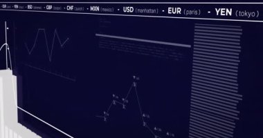 Borsanın dijital animasyonu ve mavi arka planda istatistiksel veri işlemesi. küresel finans ve istatistiksel veri kavramı