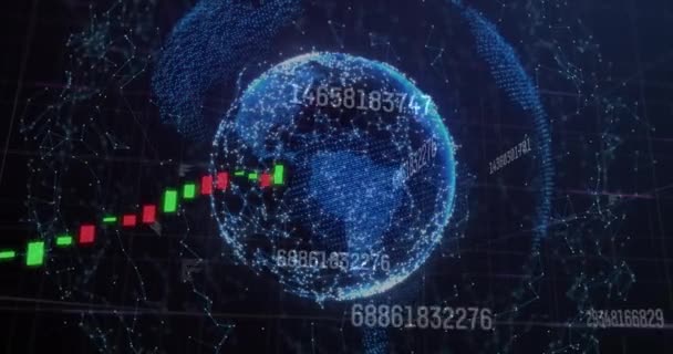 Animation Der Finanzdatenverarbeitung Über Den Globus Auf Schwarzem Hintergrund Globales — Stockvideo