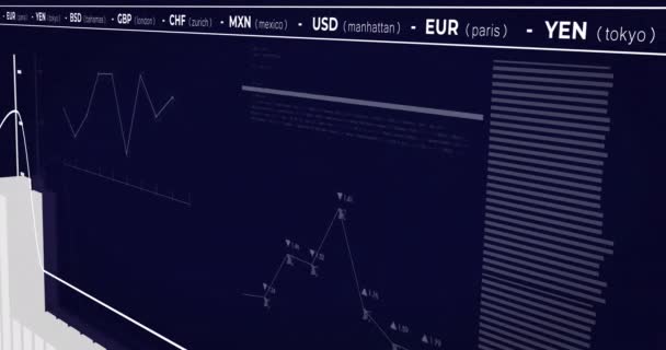 Digitální Animace Akciového Trhu Zpracování Statistických Údajů Modrém Pozadí Globální — Stock video