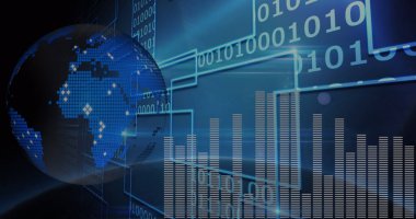 Veri işleme ve ikili kodlama görüntüsü dünya üzerinde ekranda. küresel veri işleme ve dijital arayüz konsepti dijital olarak oluşturulmuş resim.