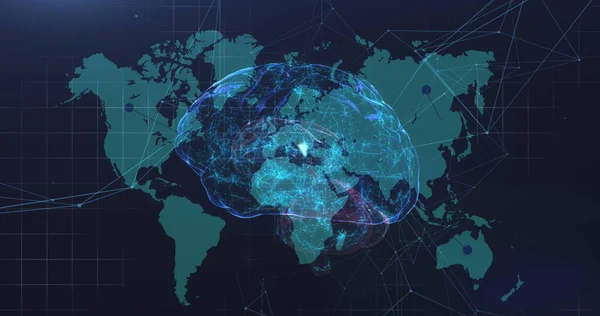 Человеческий Мозг Вращается Против Сети Связи Карте Мира Синем Фоне — стоковое фото