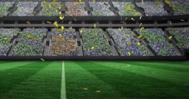 Spor stadyumunun üzerine düşen altın konfetilerin animasyonu. rekabet, spor ve yarışma konsepti dijital olarak oluşturulmuş video.