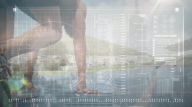 Afrika kökenli Amerikalı erkek koşucunun istatistik ve veri işleme animasyonu. global spor, iletişim, veri işleme ve dijital arayüz kavramı dijital olarak oluşturulmuş video.
