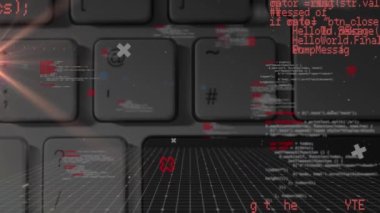 Klavye üzerinde veri işleme ve şekillerin animasyonu. küresel iletişim teknolojisi konsepti dijital olarak oluşturulmuş video.