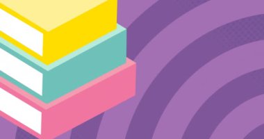 Mor arkaplandaki çizgilerin üzerindeki kitap simgelerinin canlandırılması. Çocuk kitabı günü ve dijital olarak oluşturulan kutlama konsepti.