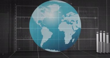 Finansal veri işleme animasyonu siyah arka planda dünya çapında. küresel finans, iş ve dijital arayüz kavramı dijital olarak oluşturulmuş video.