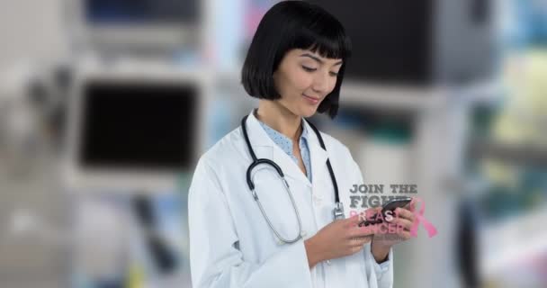 Animering Bröstcancer Medvetenhet Band Och Text Över Asiatiska Kvinnliga Läkare — Stockvideo