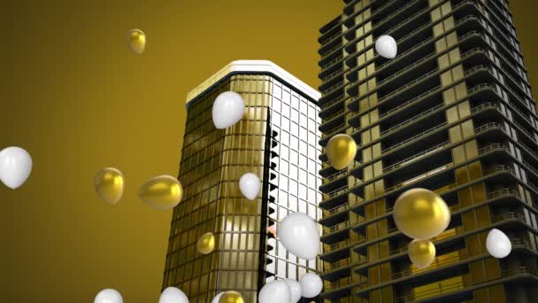 Digitale Animatie Van Meerdere Ballonnen Zwevend Stadsmodel Tegen Gele Achtergrond — Stockvideo