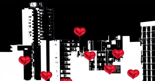 Animazione Digitale Palloncini Forma Cuore Rosso Sulla Sagoma Una Città — Video Stock