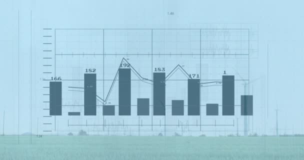 Анимация Обработки Финансовых Данных Над Ветряными Турбинами Ландшафтом Глобальных Финансов — стоковое видео