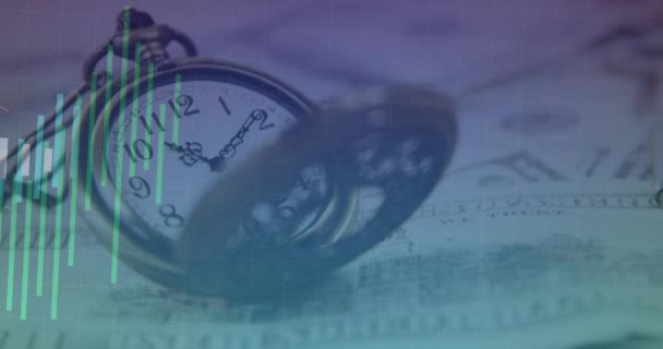 Animazione Dell Elaborazione Dei Dati Finanziari Oltre Orologio Concetto Globale — Video Stock