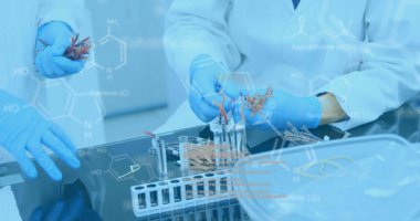 Araştırma sırasında örnekleri inceleyen iki laboratuvar çalışanının orta bölüm görüntüsünden akan veri görüntüsü. Covid 19 salgın hastalıklar sağlık bilimi tıp konsepti dijital bileşik.