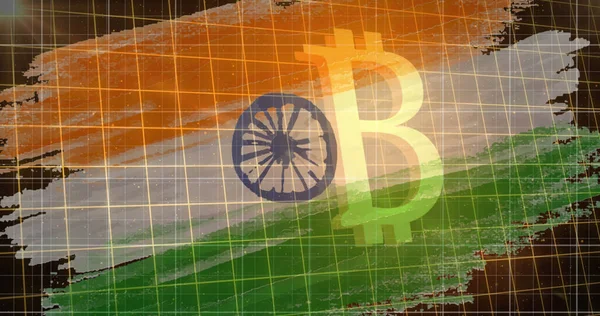 比特币符号在印度国旗上流动和蓝色线的图像为背景 全球商业 金融和加密货币市场概念数字生成的图像 — 图库照片