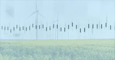 Rüzgar türbinleri ve manzara üzerinde finansal veri işleme animasyonu. küresel finans, iş ve dijital arayüz kavramı dijital olarak oluşturulmuş video.