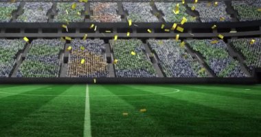 Spor stadyumunun üzerine düşen altın konfetilerin animasyonu. rekabet, spor ve yarışma konsepti dijital olarak oluşturulmuş video.