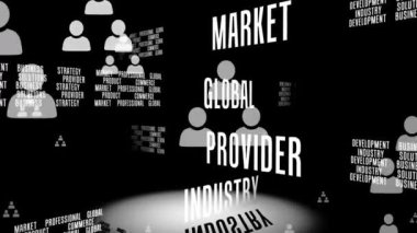 Siyah arkaplan üzerindeki simgelerin üzerinde metin canlandırması. küresel iş, bağlantılar, veri işleme ve teknoloji konsepti dijital olarak oluşturulmuş video.