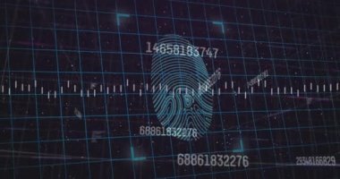 Siyah arka planda parmak izi üzerinde finansal veri işleme animasyonu. küresel finans, iş ve dijital arayüz kavramı dijital olarak oluşturulmuş video.