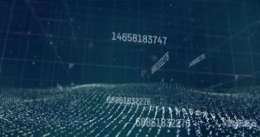 Mavi arkaplandaki dijital dalgaya karşı birden fazla değişen sayı ve veri işleme. bilgisayar arayüzü ve teknoloji kavramı