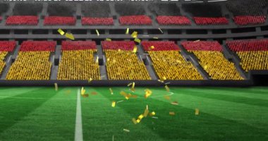 Almanya bayrağının üzerine düşen altın konfetilerin spor stadyumunda canlandırılması. rekabet, spor ve yarışma konsepti dijital olarak oluşturulmuş video.