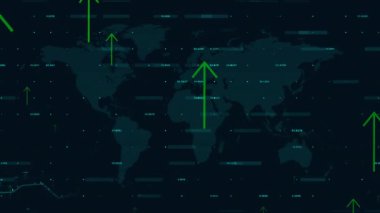 Veri işleme animasyonu ve kara arka planda okları olan dünya haritası. küresel iletişim teknolojisi konsepti dijital olarak oluşturulmuş video.