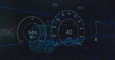 Dijital araba modelinin üzerindeki araba panelinin animasyonu. küresel finans, iş ve dijital arayüz kavramı dijital olarak oluşturulmuş video.