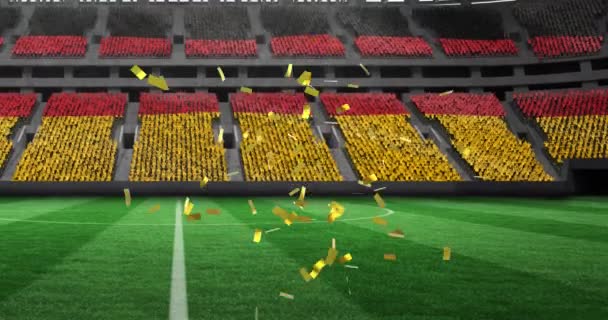 スポーツ競技場でドイツの国旗の上に落ちる金のコンフェッティのアニメーション 競争スポーツ競争の概念デジタルで生成されたビデオ — ストック動画