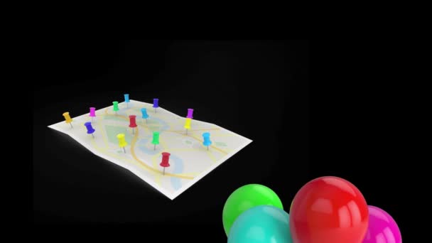 Цифровая Анимация Кучи Разноцветных Воздушных Шаров Плавающих Над Картой Черном — стоковое видео