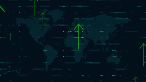 Анимация Обработки Данных Карты Мира Стрелками Черном Фоне Глобальная Коммуникационная — стоковое видео