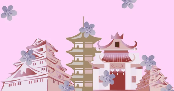 Изображение Цветов Падающих Японские Здания Розовом Фоне Концепция Празднования Сакуры — стоковое фото