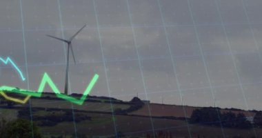 Rüzgar türbinleri ve manzara üzerinde finansal veri işleme animasyonu. küresel finans, iş ve dijital arayüz kavramı dijital olarak oluşturulmuş video.