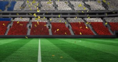 Şili bayrağının üzerine düşen altın konfetilerin spor stadyumunda canlandırılması. rekabet, spor ve yarışma konsepti dijital olarak oluşturulmuş video.