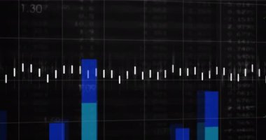 Finansal veri işleme animasyonu dünya haritasında siyah arka planda. küresel finans, iş ve dijital arayüz kavramı dijital olarak oluşturulmuş video.