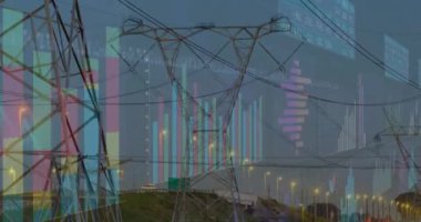 Elektrik direkleri ve peyzaj üzerinde finansal veri işleme animasyonu. küresel finans, iş ve dijital arayüz kavramı dijital olarak oluşturulmuş video.