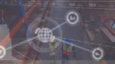 Depo üzerinden istatistik ve veri işleme bağlantılarının animasyonu. gönderme, dijital arayüz, iş ve veri işleme kavramı dijital olarak oluşturuldu