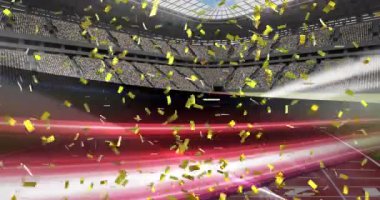 Spor stadyumundaki parlak ışık yollarının üzerine düşen altın konfetilerin animasyonu. rekabet, spor ve yarışma konsepti dijital olarak oluşturulmuş video.