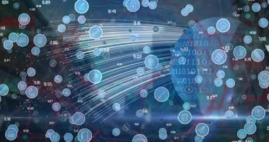 Dünya çapında bağlantı, simge ve veri işleme ağının animasyonu. dijital arayüz, bağlantılar, dijital arayüz ve dijital olarak oluşturulmuş veri işleme kavramı.