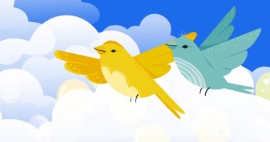 Mavi arka planda bulutların üzerinde kuş simgeleri ve balonların canlandırılması. kuş günü ve kutlama konsepti dijital olarak oluşturulmuş video.