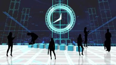 Hareket halindeki saat ve diyagram üzerinde iş adamlarının siluetleri. küresel iş, bağlantılar, veri işleme ve teknoloji konsepti dijital olarak oluşturulmuş video.