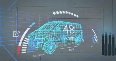 Dijital kamyon modeli üzerinden finansal veri işleme ve araba panelinin animasyonu. küresel finans, iş ve dijital arayüz kavramı dijital olarak oluşturulmuş video.